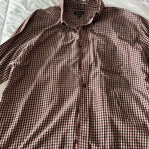 Red, brown, and cream plaid Men’s dress shirt by Van Heusen size 16-16 1/2- L